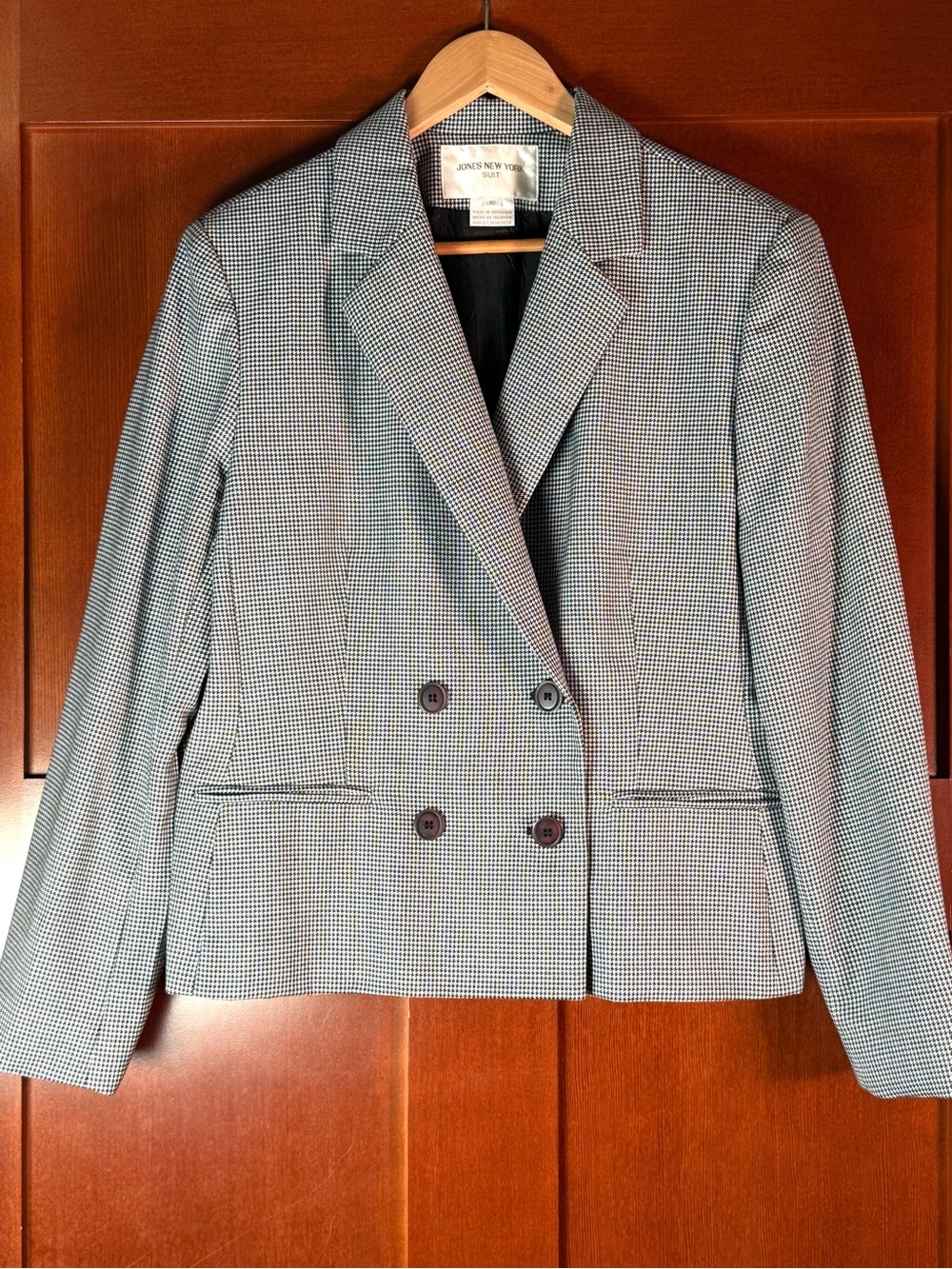 Jones New York Suit Houndstooth Double Breasted Blazer Size 16 Wool Blend